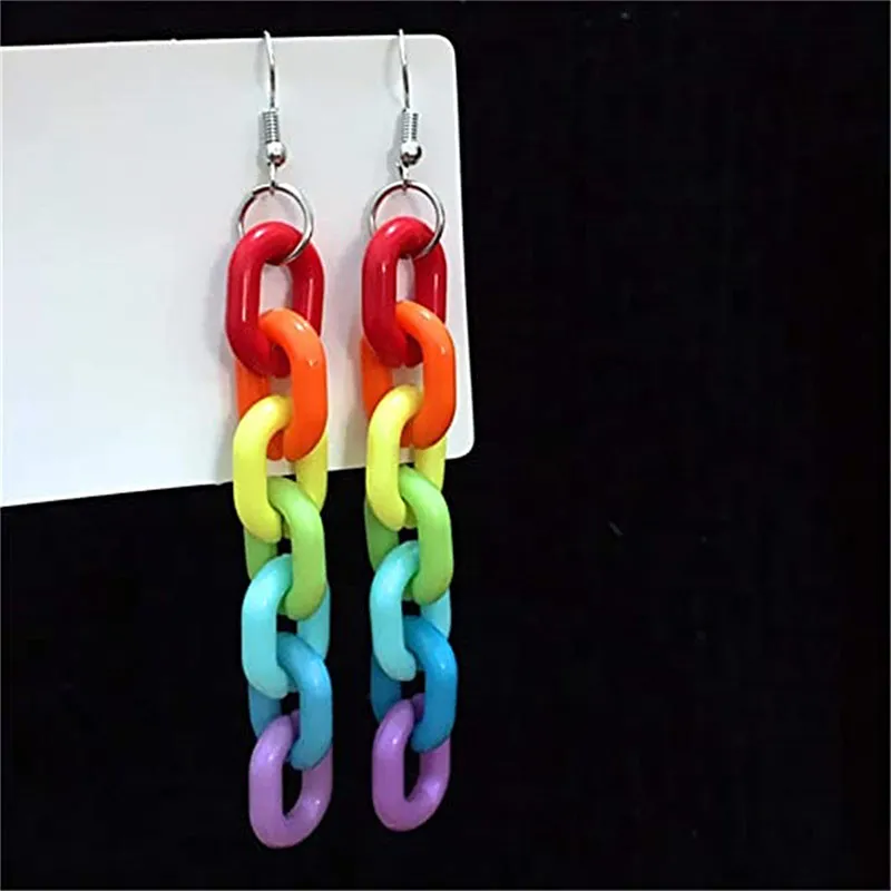 Leuke Acryl Regenboog Ketting Oorbel voor Vrouwen Handgemaakte Lange Kleurrijke Dangle Oor Clip Haak Oorbellen Club Charms Sieraden Accessoires Groothandelsprijs