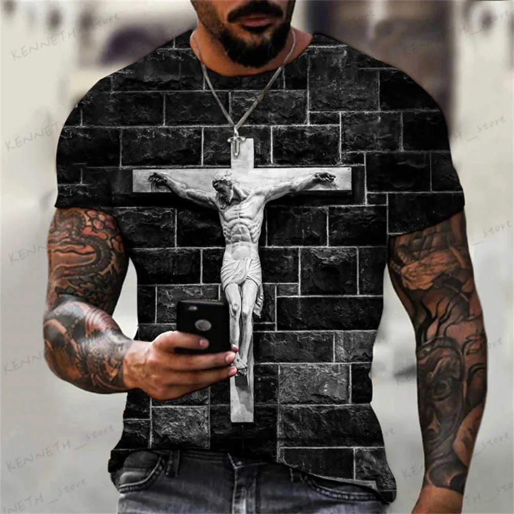 Homens camisetas Christian Camisetas Oversized Camiseta Gótico Jesus Cristo Cruz 3D Impressão O-pescoço Tops Vintage Hip Hop Manga Curta Homens Roupas T240126