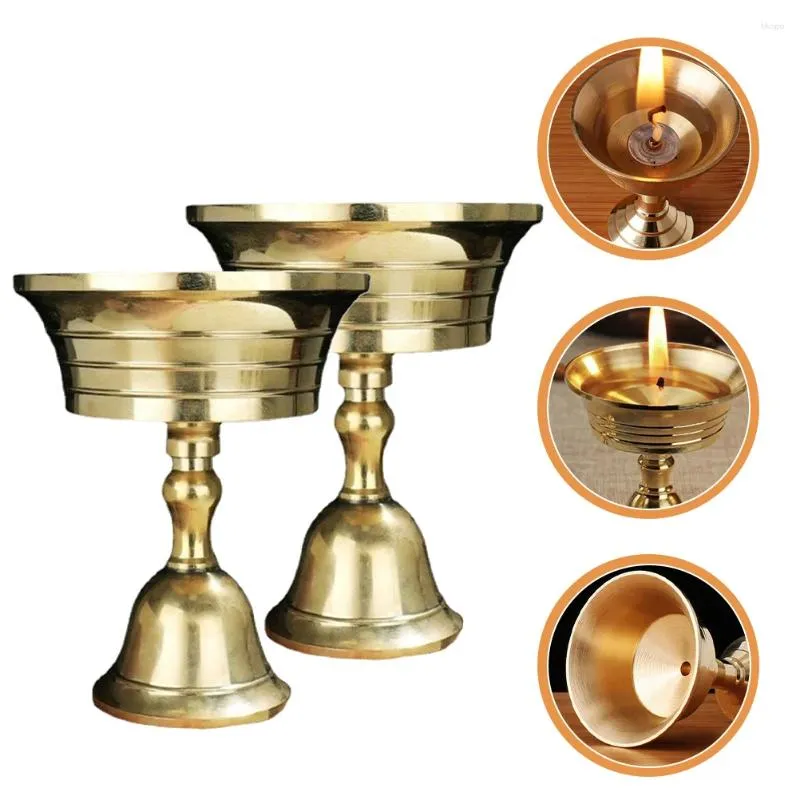 Portacandele 2 pezzi portalampada in ottone Ghee, tazza decorativa in rame, candelabro dorato, supporto per bastoncini per olio Buddha Hall