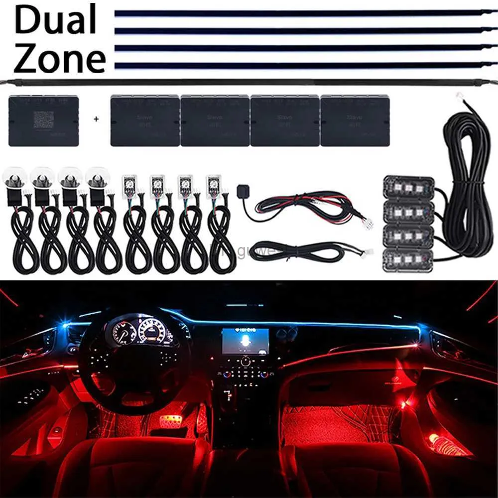 Letrero de neón LED 18 en 1 Luz de coche de doble zona RGB 64 colores Neón LED Tira de acrílico Guía de retroiluminación Decoración interior Lámpara de ambiente Aplicación YQ240126