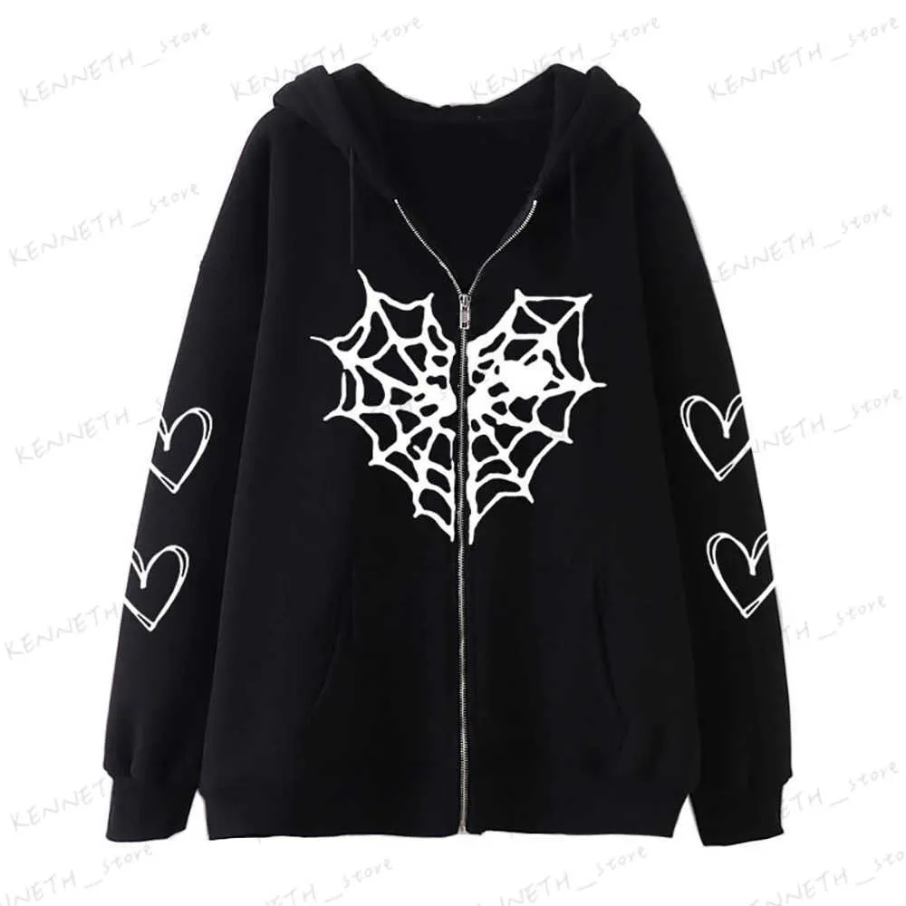 Men's Hoodies Sweatshirts Gothic Heart Mesh Print Hoodies Women Zip Pocket Hooded Casual Mens Sweatshirts Hip Hop Streetwear Jacket Harajuku Y2K Clothes T240126