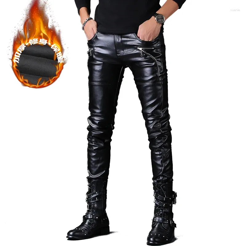 Calças masculinas Slim Fit Couro Falso Moda Punk Calças de Motocicleta À Prova de Vento Impermeável PU Biker Bottoms