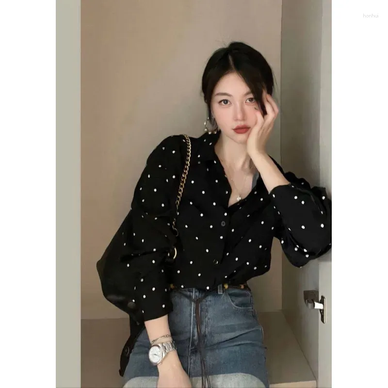 Kvinnors blusar Loose Vintage for Women Fashion 2024 Roupas Femininas Sleeve Tops Kontrast Polka Dot Shirts Blusas Mujer Spring Shirt