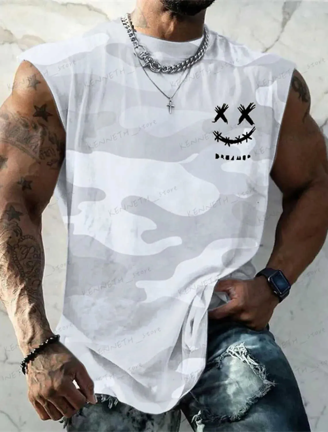 القمصان للرجال Tank Top Olcyveless T-Shirt Cartoon Camouflage Print Spring Summer Sports Daily Gym Fashion Designer Muscle Wear T240126