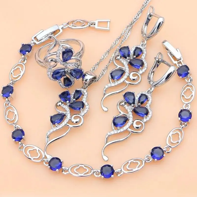 Set Silver 925 Bridal smycken Set Blue Sapphire White Crystal Costume For Women Stones Leaves Ring Armband Halsband