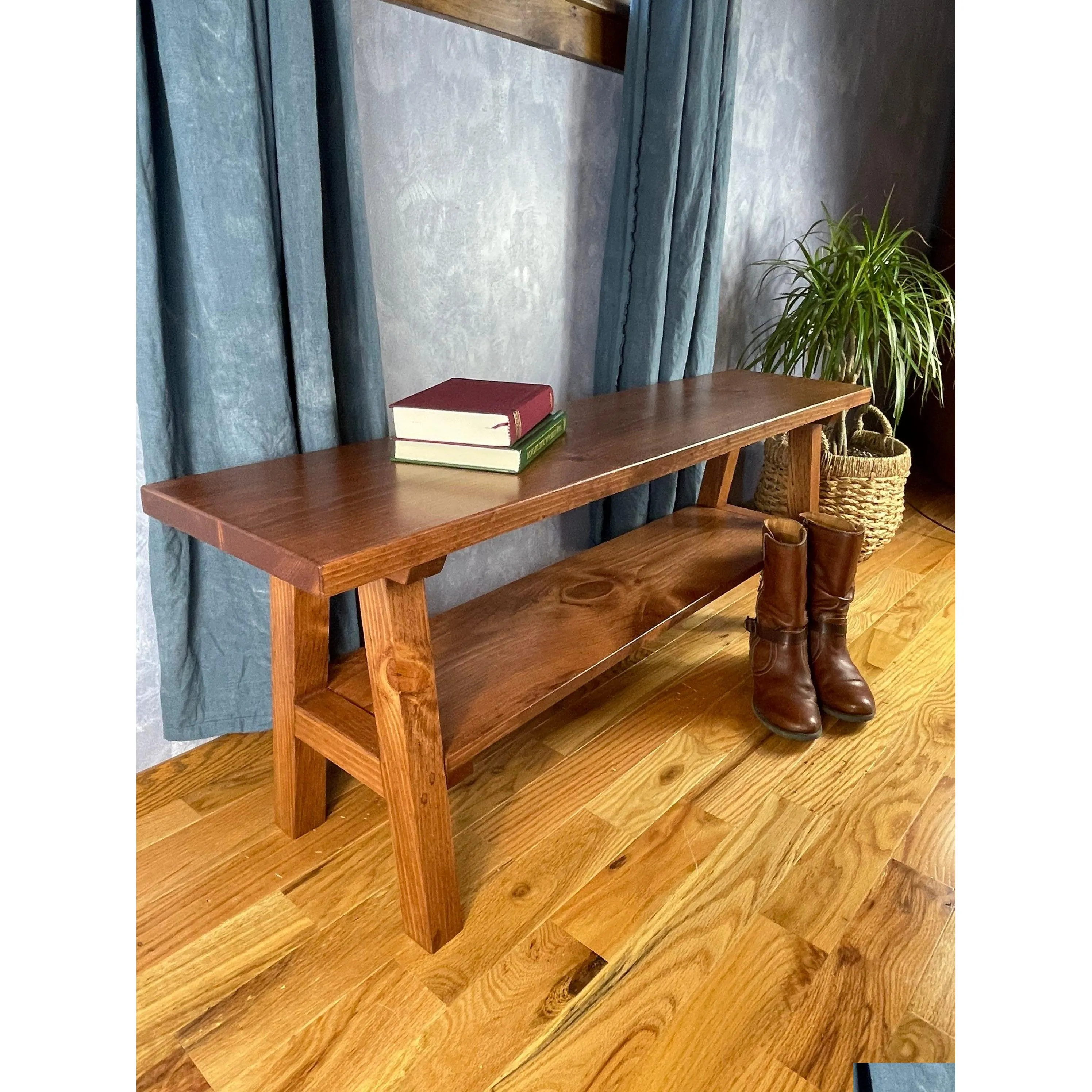 Rustic Entryway Bench with Storage Oak Wood Entryway Shoe Rack with Cushioned Seat for Living Room Hallway and Bedroom