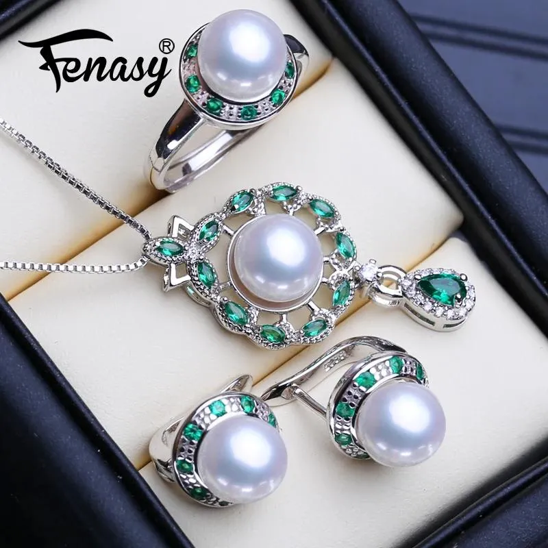 Uppsättningar Fenasy 925 Sterling Silver Emerald Jewelry Sets Natural Pearl Stud örhängen Luxury Big Pendant Necklace Women Green Stones Ring