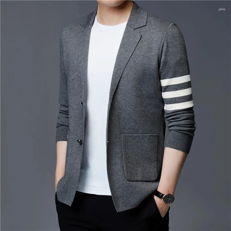Men's Sweaters Striped Elastic Suit 2024 Spring V-neck Cardigan Black Jacket Single Breasted Sweater
