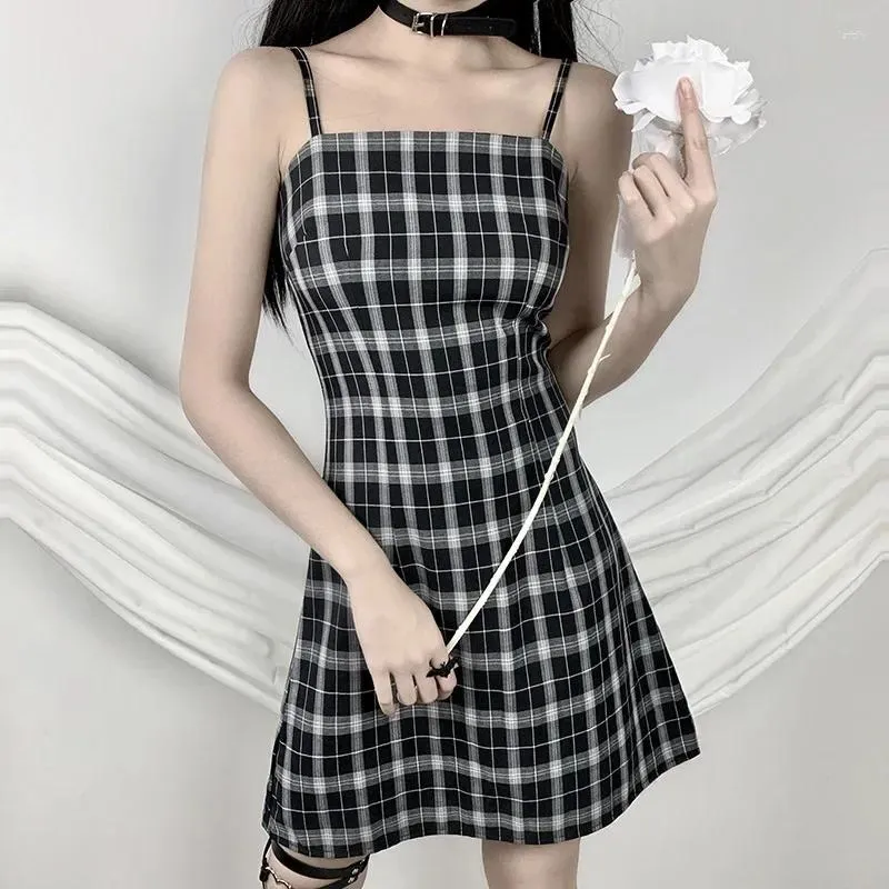 Casual Dresses Women's Dress Short College Style Plaid French Fashion Retro Waist Slim Fit Hip Gothic Y2k Sling Skirt Street