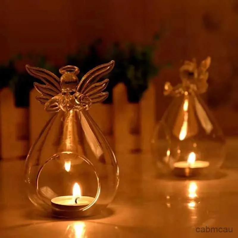 2 pçs castiçais 1pc bonito anjo de vidro cristal pendurado chá luz castiçal decoração para casa castiçal casa quarto acessórios decoração da família