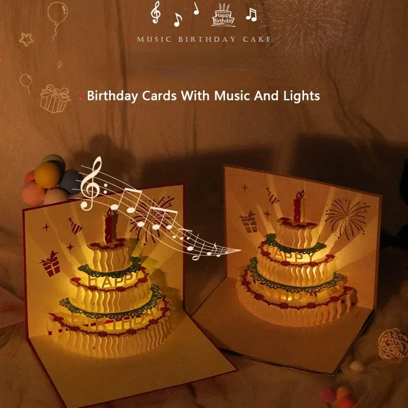 1PC 3D Pop Up Birthday Greeting Cards Auto Play Music Warm LED Light Birthday Cake Card Gifts For Mom Wife Boy Girl Friends 240122