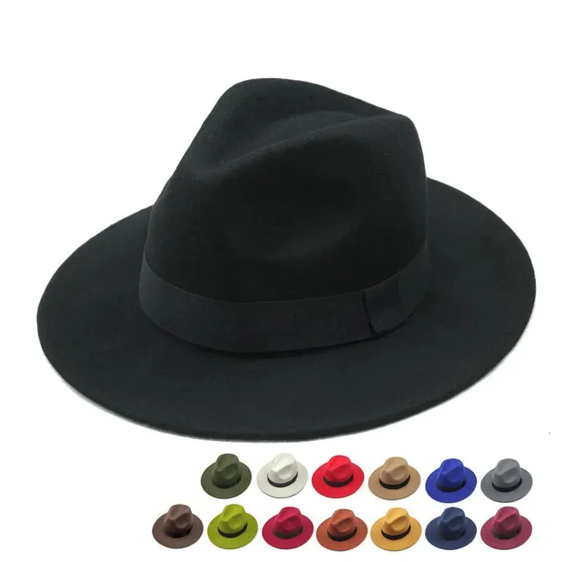 Vintage Classic Felt Jazz Fedoras Şapkaları Büyük Brim Cloche Kovboy Panama Kadın Erkekler Siyah Kırmızı Trilby Derby Bowler Top Hat 240124