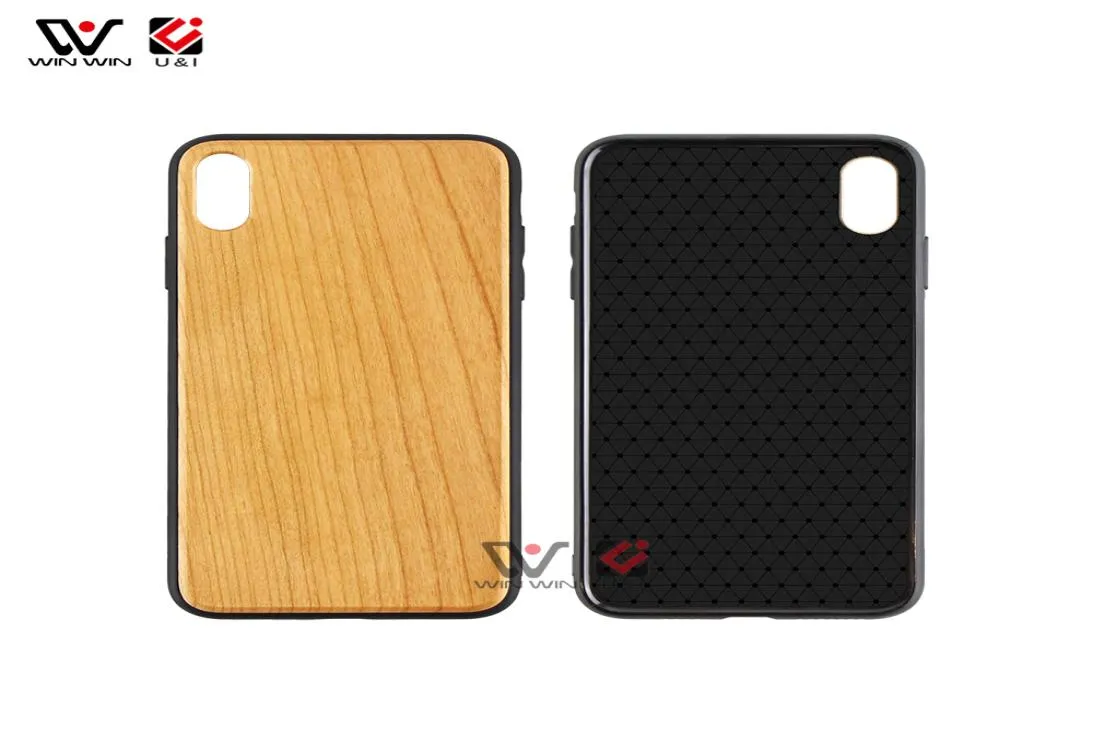 Le plus récent étui de téléphone en stock antichoc étanche pour iPhone 7 8 X Xr 11 12 13 Pormax Xs cerise bambou en bois TPU couverture noire Shel1712433