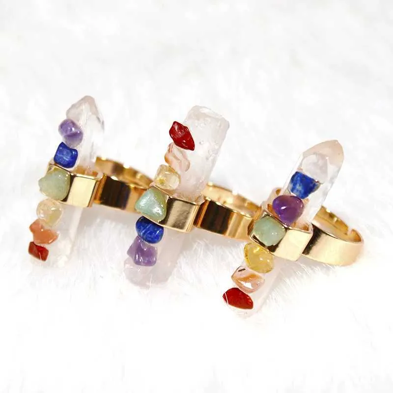 Band Rings Irregular Chip Stones Clear Quartz Ring for Women 7 Chakra Gold Color Resizable Finger Jewelry Yoga Energy Balancing 240125