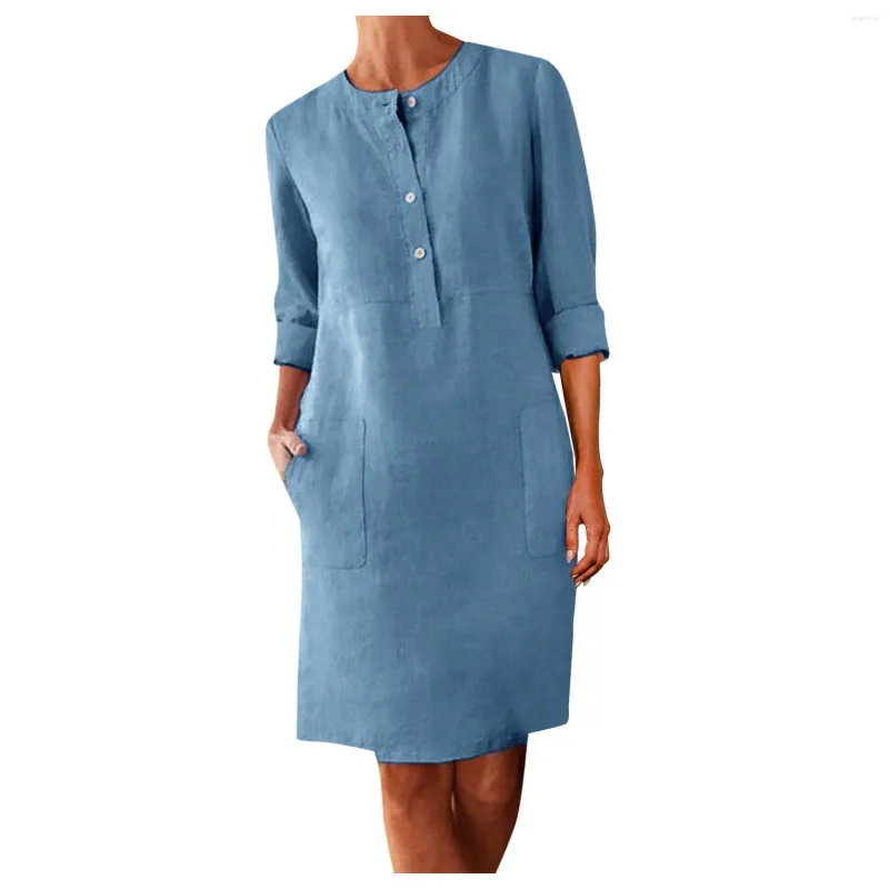 Casual Dresses Dress Round Boho Knee-Length With Buttons Neck Women's Loose For Young Women