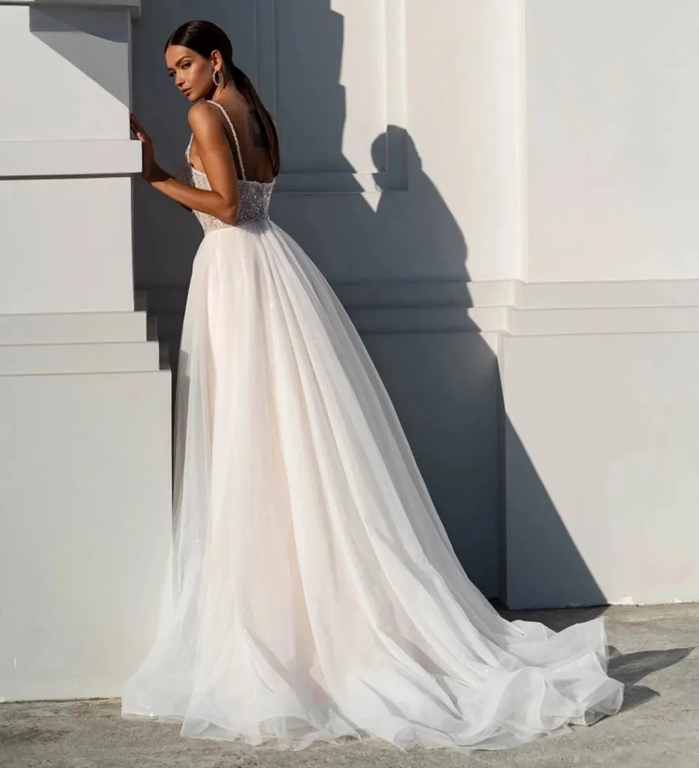 Boho Spaghetti Strap Wedding Dress with Beading Sequins and Spaghetti Straps - V-Neck A-Line Princess Style for Formal Occasions - Vestido de Novia