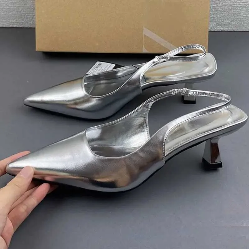 Sandaler elegant kvinna högklackade skor silver spetsiga grunt rygg remmar sexiga damer slingbacks skor stora höstens kvinnliga pumpar j240126