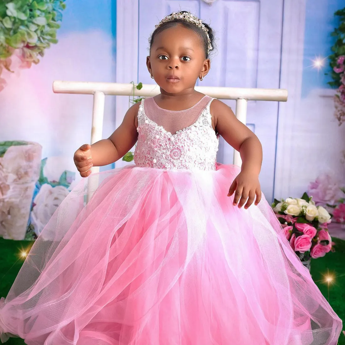 Sheer Neck Lace Flower Girl Dress Tiered Tulle Princess