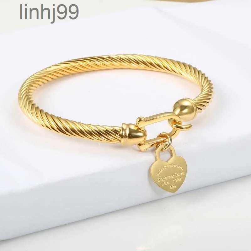 Bangle Titanium Steel Cable Wire Gold Color Love Heart Charm Bracelet with Hook Closure for Women Men Wedding Jewelry Z6hp QEDZ