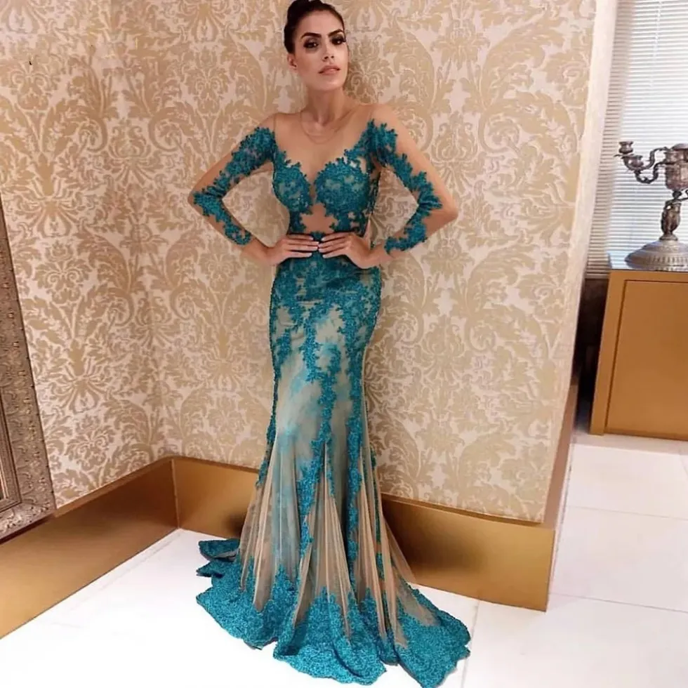 Sexy Turquoise Lace Evening Dress Sheer Neck Long Sleeve Trumpet Formal  Party Gown from Dhgate Evening Dresses - price 134.68