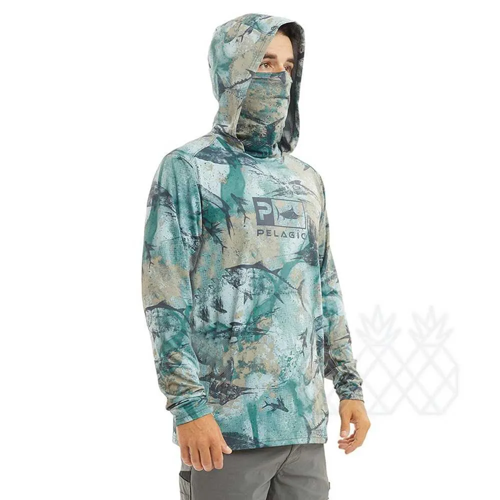 Herrtröjor tröjor pelagiska fiskeprestanda skjortor män fiske hoodie med mask uv halsgaiter huvkläder andas andas upp 50+ fiske slitage j240126