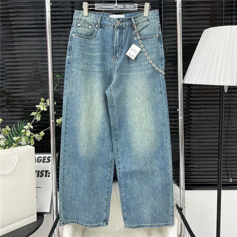 Klassiska mode kvinnors denim byxor med kedja hög midje designer jeans kvinnor rak ben pant streetwear