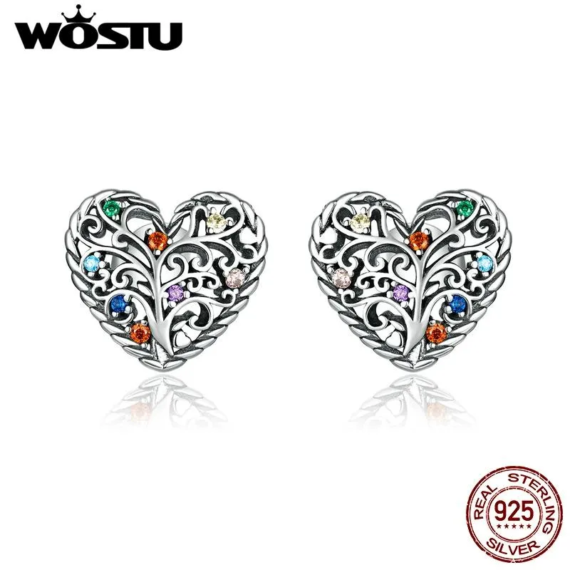 Earrings WOSTU Tree of Life Earrings 925 Sterling Silver Colorful Zircon Heart Stud Earrings For Women Birthday Best Gift Jewelry CQE933