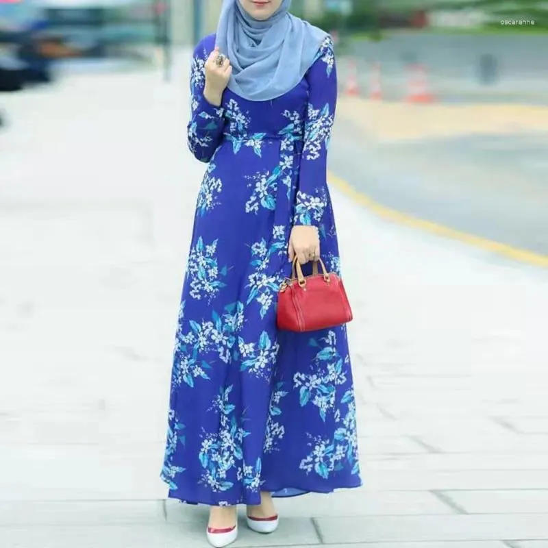 Etnik Giyim Vintage Çiçek Baskı Maxi Elbise Kadın Müslüman Uzun Parti Abaya Elbise Mütevazı Kaftan İslami Jalabiya Arap Robe Kaftan