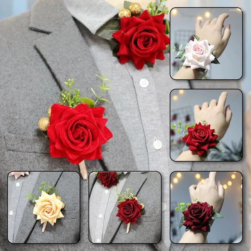 Dekoratif Çiçekler Gelin Gül El Bileklik Bill Bandı Nedime Kumaş Bilek Düğün Partisi Damat Boutonniere Floral Corsage Dekorasyon