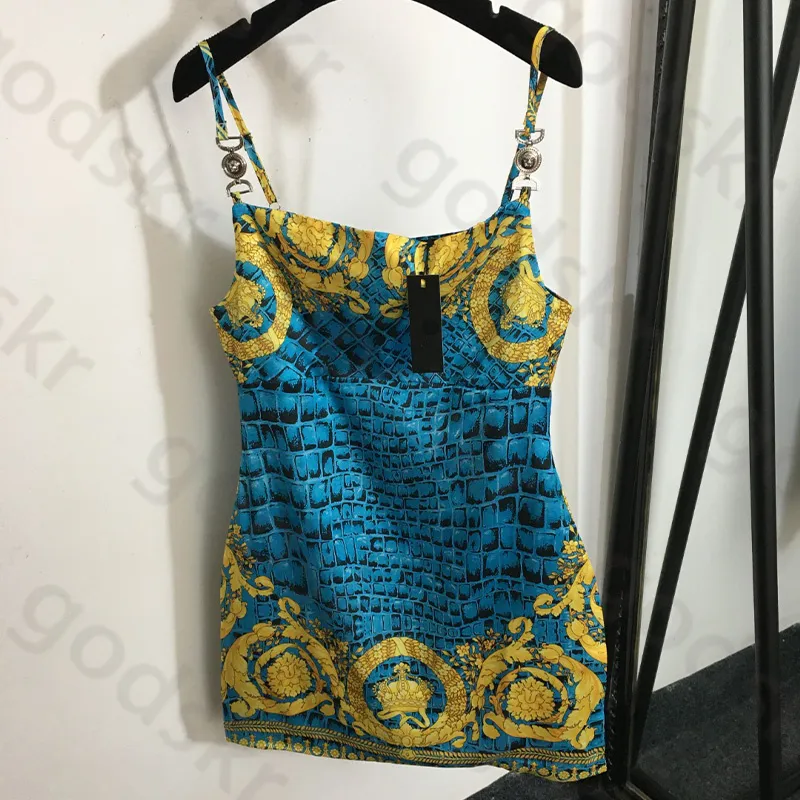 Vintage Print Slip Dress Women Blue Slim Backless kjolar Sexig Summer Party Bodycon kjol