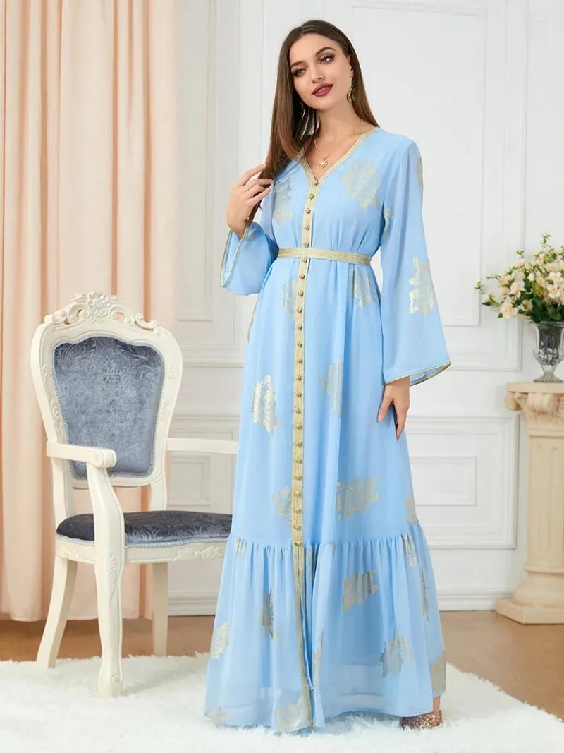 ثياب حفلة للملابس العرقية Abayas للنساء دبي 2024 مطبوعة طويلة الأكمام V-Neck Button Tape Trim Bulted Kaftan sple