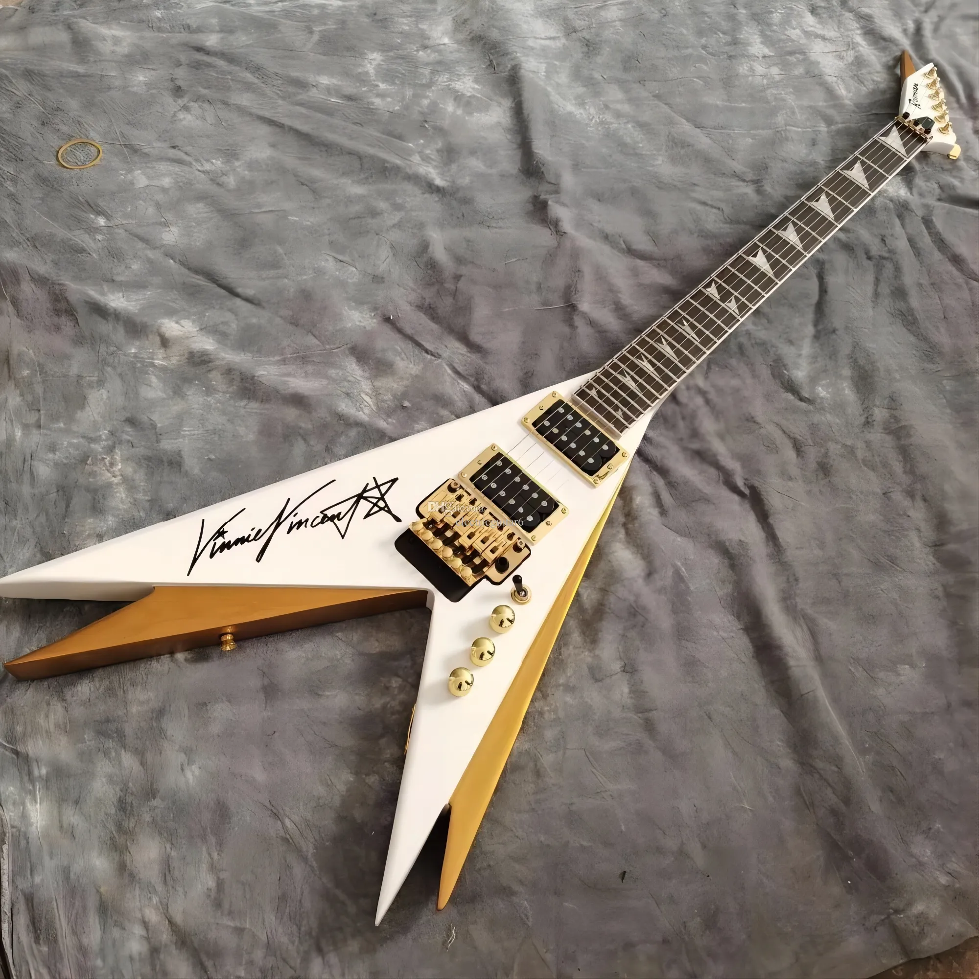 Double V Kiss Pearl White Gold Flying V Electric Guitar with