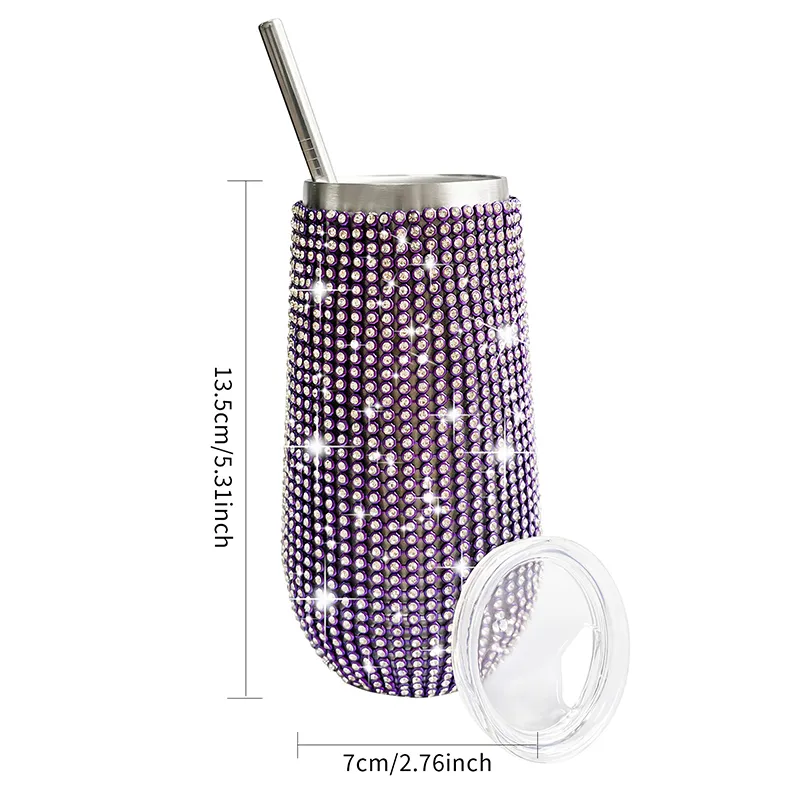6oz Shiny Diamond Tumbler Wine Cup With Straw Stainless Steel Insulated Vacuum Champagne Cup Party Gifts for Girls