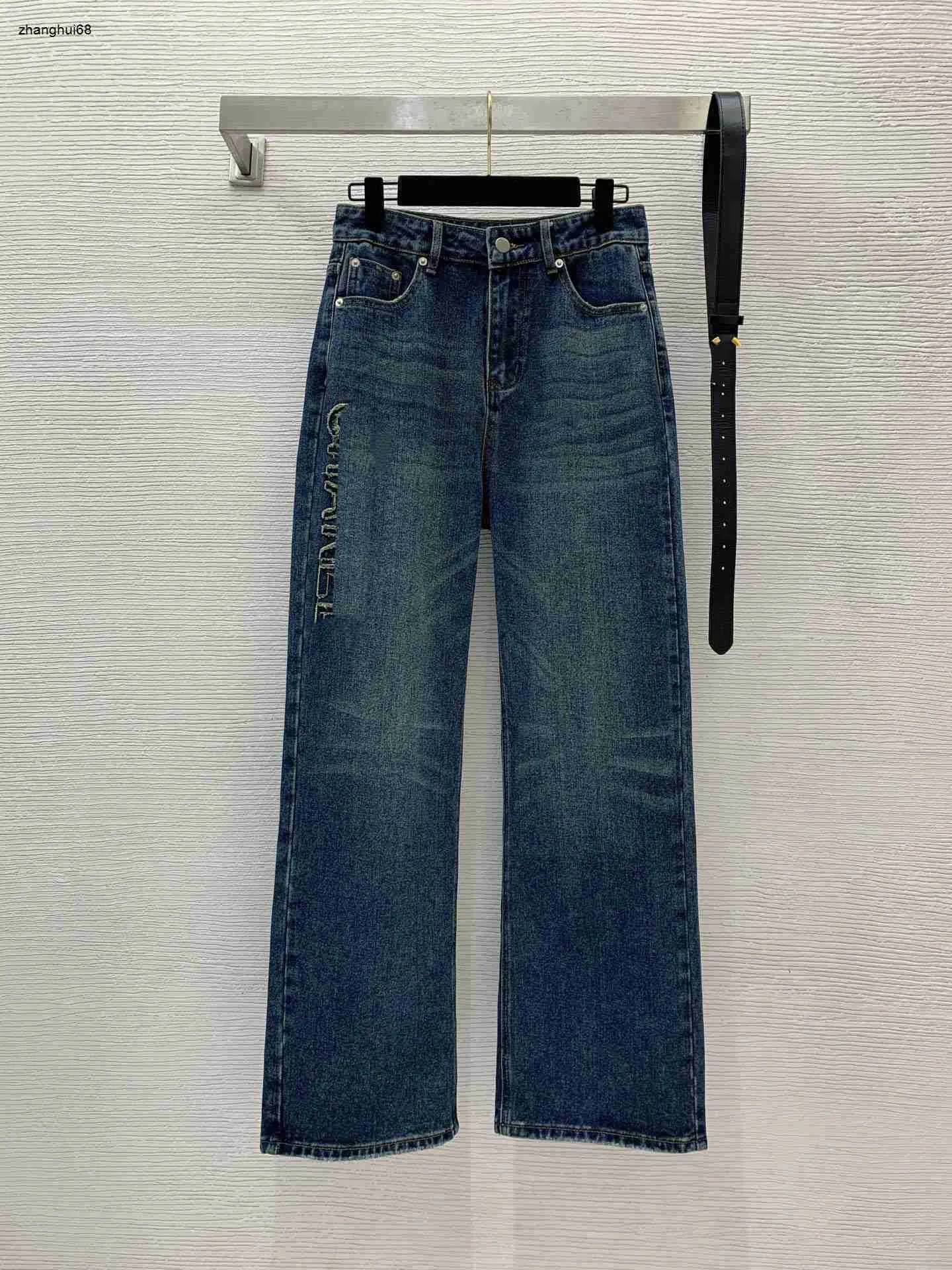 Diseñador mujer jeans ropa damas moda cintura alta pierna ancha recta vaquero decorado con logo de letra pantalones de ocio de calidad 26 de enero
