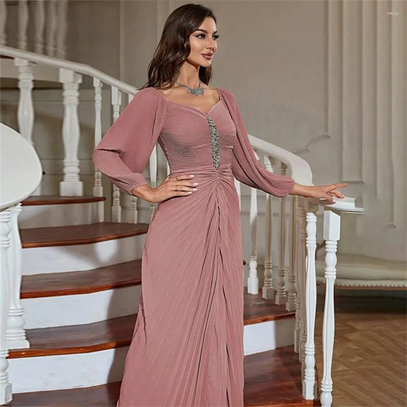 Ethnic Clothing Pink Chiffon Abaya Dimaond Pleated Fashion Women Muslim Long Sleeve Maxi Dresses Turkey Eid Party Gown Evening Vestidos