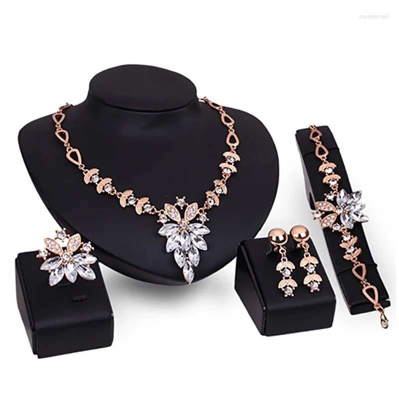 Necklace Earrings Set Women's Wedding Clear Crystal Ring Bracelet Stainless Steel Bijoux Femmes Dubai