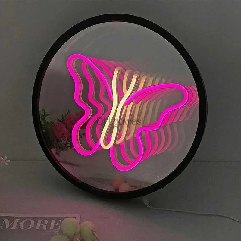 LED NEON Sign 3D Magic Infinite Mirror Multi Layer Butterfly LED NEON Sign Lights Lights Girls Make Up Mirror Neon Signs Night Rame Decor YQ240126