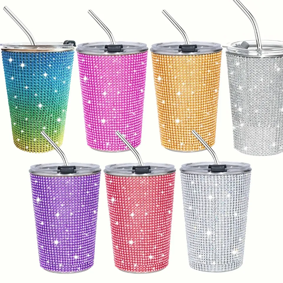 400 ml Glitter Tumbler Straw Juice Cups Vakuumisolerade koppar Rostfritt stål Ice Milk Bottle Party Present Cup Girl Travel Mug 0126