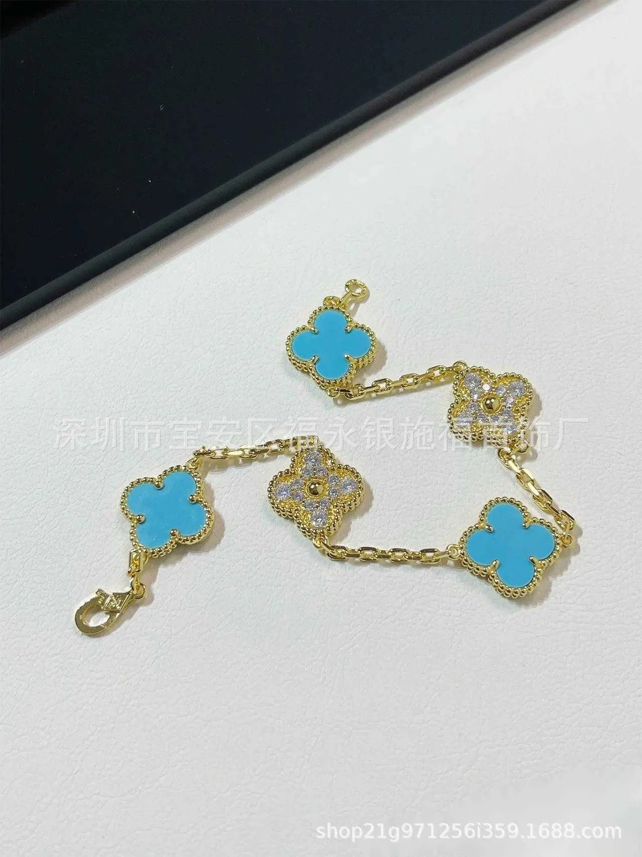 Original 1to1 Van C-A 2024 High Edition New Return Diamond Turquoise Five Flower Four Leaf Grass Bracelet Womens Lucky 1ZME6 Designer Luxury Original