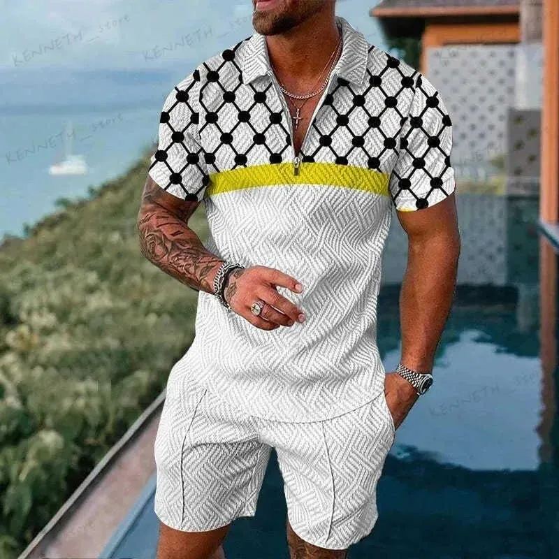 Erkek Trailtsits Yeni Yaz Erkekler Takım Trend 3D Baskı Fermuarı Polo Gömlek + Şort İki Parça Set Yumuşak Moda Sıradan Erkekler Giyim Giyim Trailsuit Seti T240126