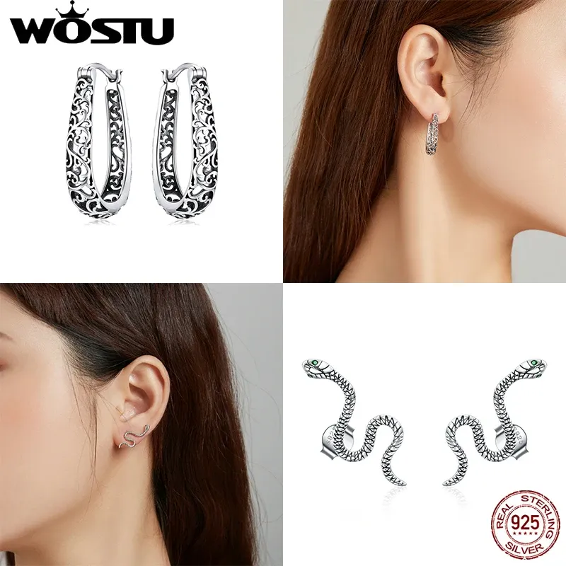 Colares Wostu Real 925 Sterling Silver Vintage Vine Wreaths Brincos de argola de cobra para mulheres jóias de prata de casamento cte466