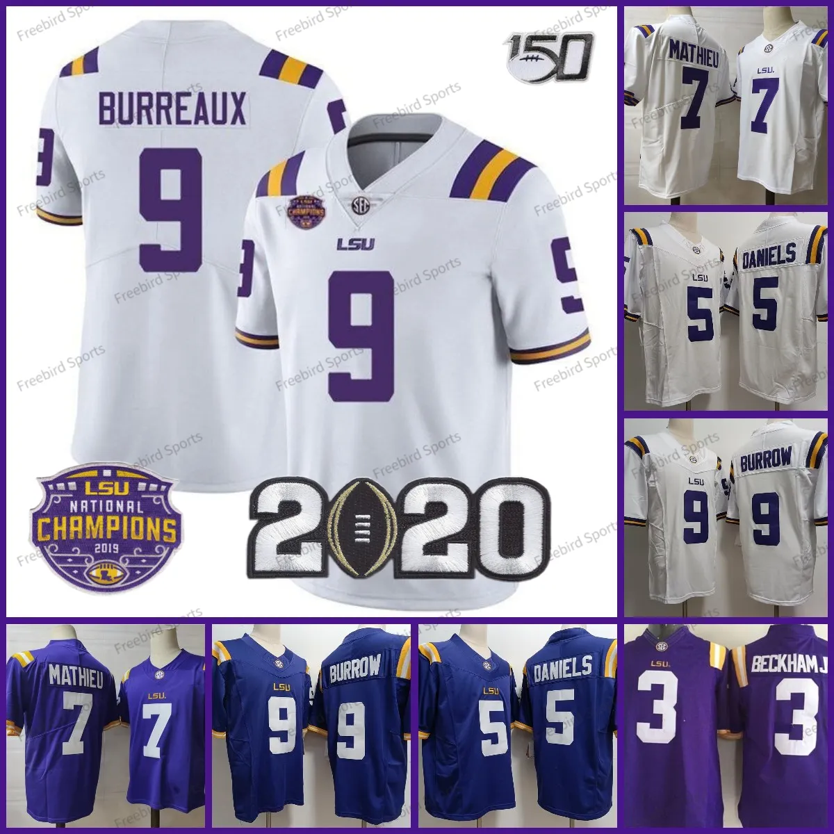 LSU Tigers 5 Jayden Daniels Football Jersey #9 Joe Burreaux Joe Burrow Tyrann Mathieu 3 Odell Beckham Jr. Justin Jefferson Purple College National Champions Patch