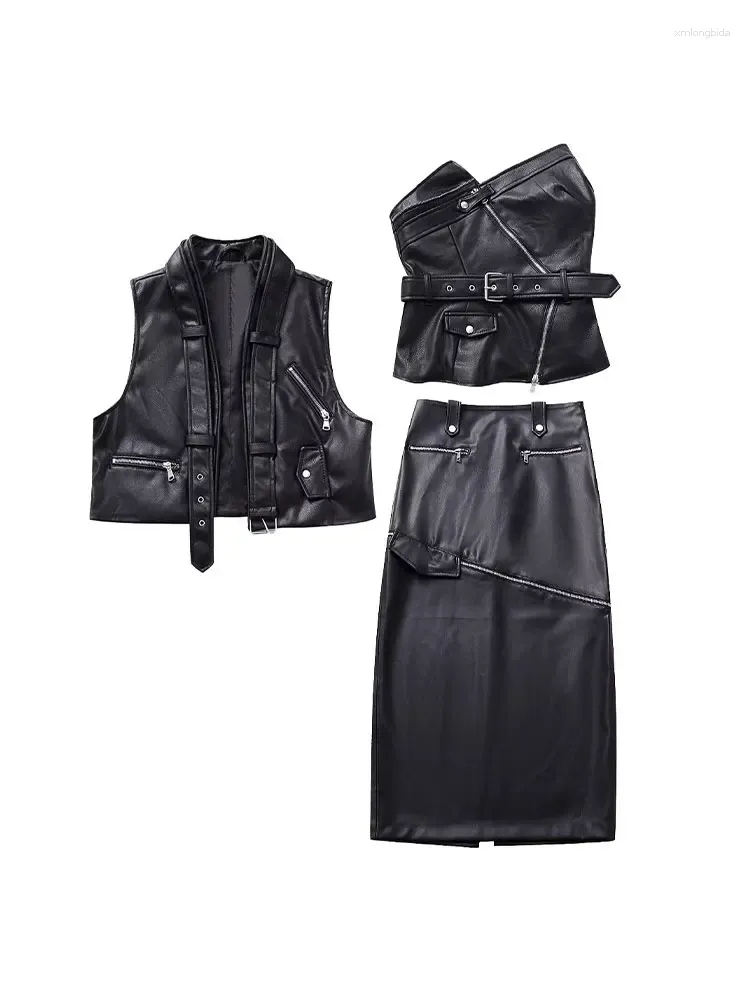 Work Dresses Women Fashion Faux Leather Three Piece Skirt Set Casual Tube Top Lapel Sleeveless Vest Zipper Chic Pocketed Midi Skirts