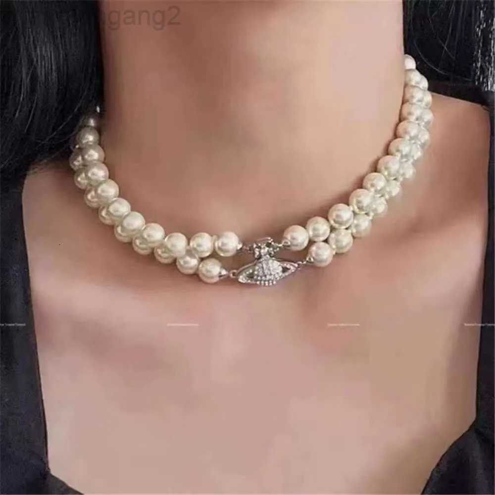 Designer Viviane Westwoods Vivienen Empress Dowager Saturn Double Layered Pearl Magnetic Buckle Necklace for Women with High Grade Sensation Layered Strap and Mul