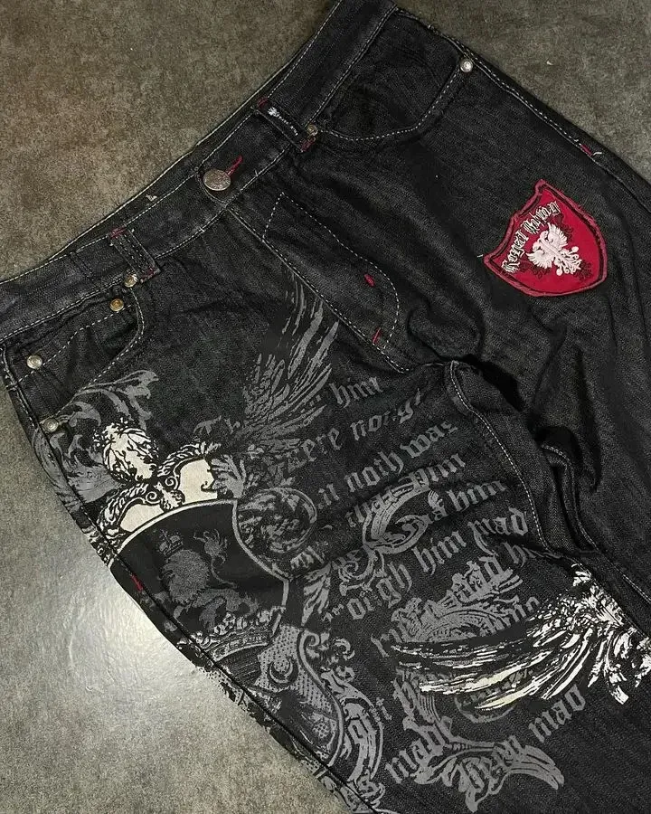 Jeans larghi ricamati con grafica retrò Hip Hop Jeans Y2K Harajuku Pantaloni neri Uomo Donna Pantaloni larghi a vita alta gotici 240119