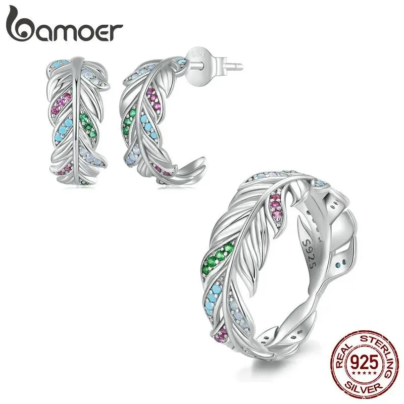 Uppsättningar Bamoer 925 Sterling Silver Delicate Colicful Zircon Feather Ring and Earrings Smycken Set Pave Seting CZ för kvinnor Fina smycken