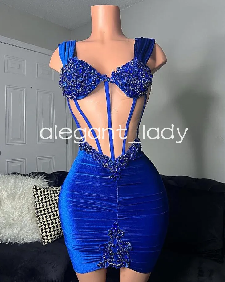 Royal Blue Velvet Cocktail Party Bodyice Dresses for Women Luxury Crystal Corset Black Girl Evening Birthday Dress Gala