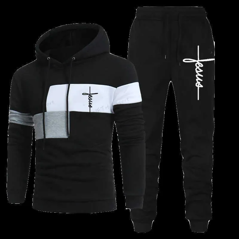 Herrspårar Mens Tracksuit Hooded Sweatshirts och joggerbyxor Högkvalitativa Gymutrustning Tro Tryckt Casual Sports Hoodie Set Streetwear T240126