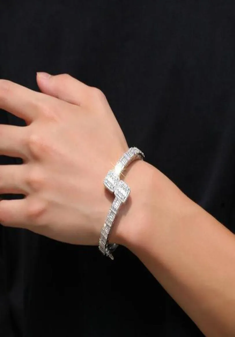 Brazalete cuadrado de Baguette con diamantes de circonio cúbico para hombre y mujer de oro de 14 quilates, tamaño de apertura, joyería Hiphop 1097823