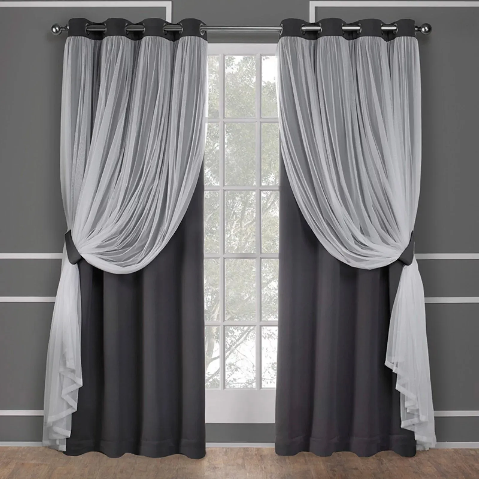 Exclusive Home Catarina Layered Solid Blackout and Sheer Window Curtain Panel Pair